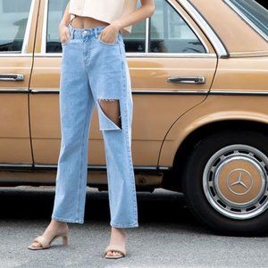 Oak + Fort Straight Leg Jean with Cut Out